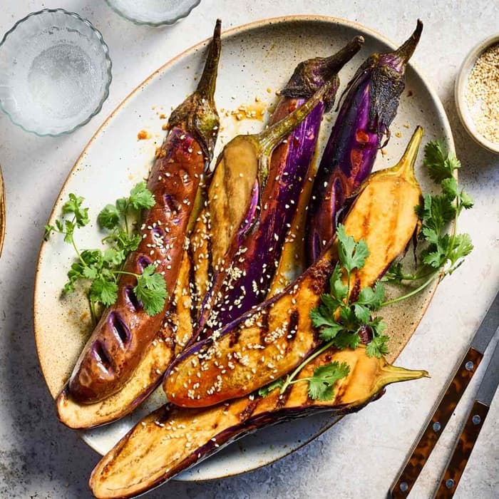 Griddled aubergines with sesame dressing image